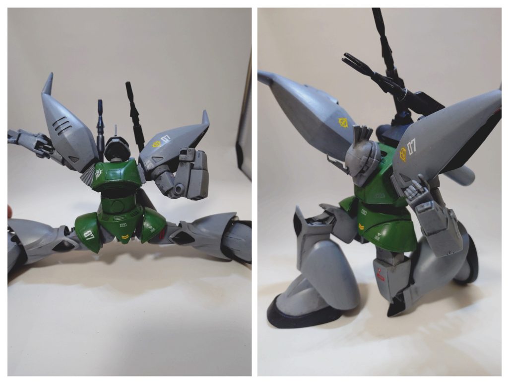 そしてフル可動作品、というわけで元キットから可動範囲は大幅に拡大させました!これまで作った作品のノウハウを集約できたかな?と思ってます! 元キットから唯一変えていないのが肩周りの可動構造。元キットでは、ゲルググ系キットの課題(?)であるジャバラの構造がしっかりと取り入れられてるうえ、可動範囲にも優れる大変素晴らしい構造であったため、こちらは後ハメ化するだけに留めました。旧キットのゲルググキャノンやリゲルグをこれから作る人、是非こちらに注目してみてください!ちょっと感動しますよ〜