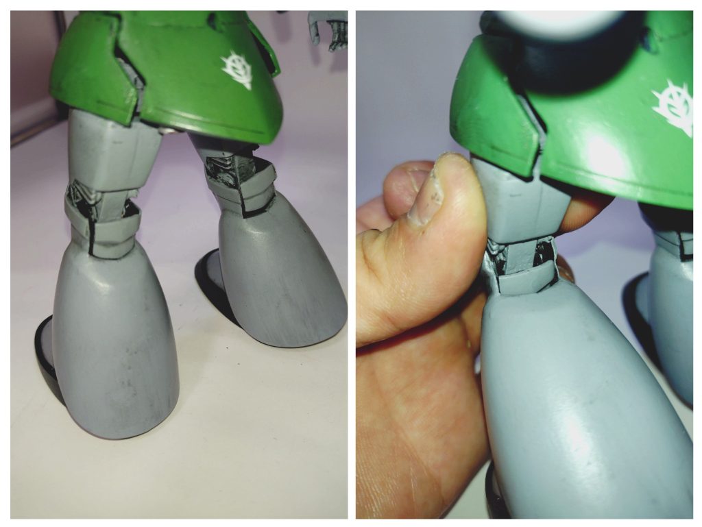 そして本作で試みたのが、最近のキットで見かけるようになった、装甲の一部が可動に連動して動く構造。膝でやってみました!これまで見た目を犠牲に可動範囲を拡大させてきたのですが、この構造で見た目も両立可能です!