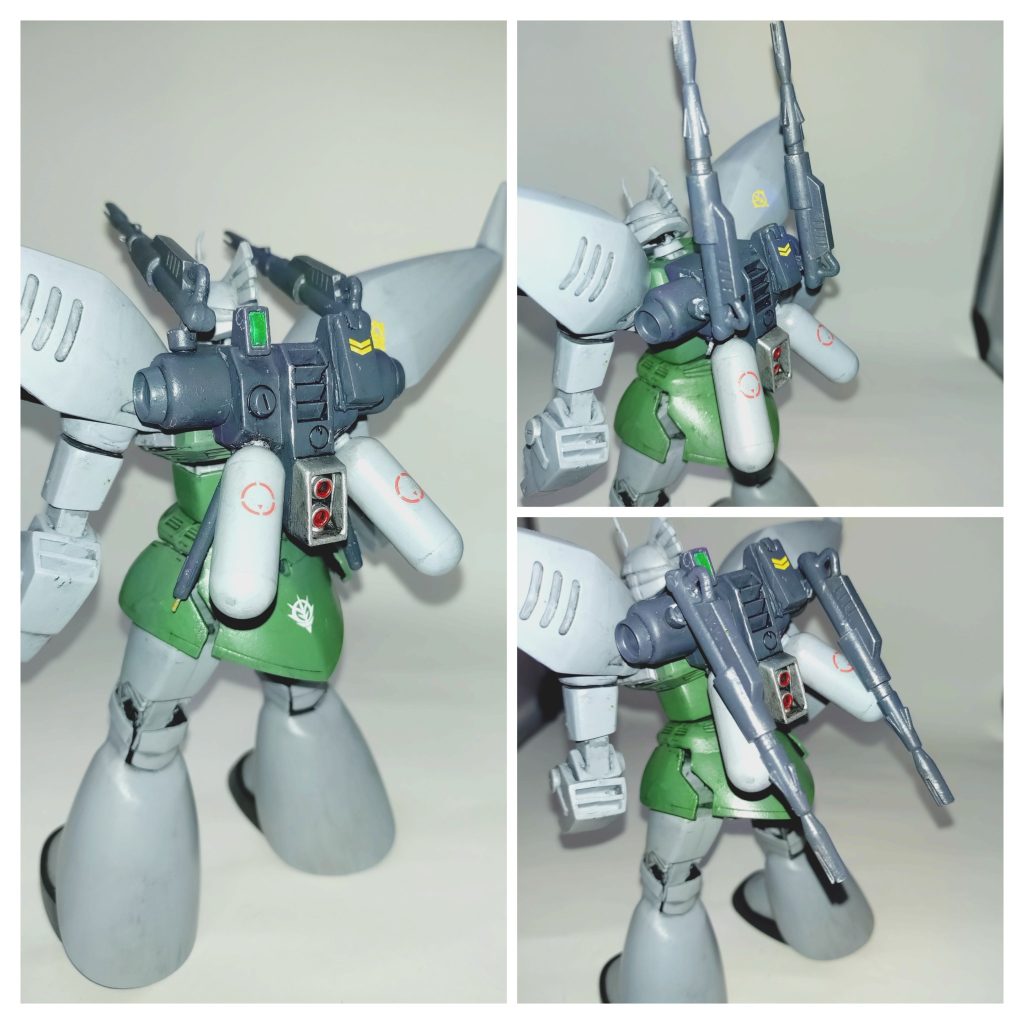ツインキャノンについては、妄想設定通り元のリゲルグのバックパックにまんまビームキャノンパーツをボールジョイントを介してポン付けしただけ、という安直な接続になりましたが、やっつけ感がなるべく出ないようにしたつもりです。 …まあ妄想設定は作ってから考えたので安直なポン付けで当たり前といえば当たり前なのですが 笑 ビームキャノンはボールジョイントの他、基部となっている円柱状のパーツが回転する仕組みとしたことでかなりフレキシブルに可動可能です。 きっと一部のエースパイロットは、背面とか下側にノールックショットとかキメてたに違いない。