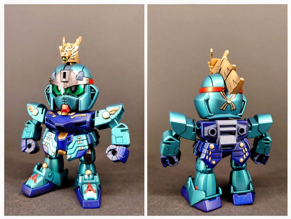 軽装形態と以下カラーレシピ薄ブルー…クレオス青竹色濃ブルー…タミヤディープブルーメタリックゴールド…Mr.スーパーリッチゴールドシルバー…ガンダムマーカーシャインシルバーレッド…ガンダムマーカーロイヤルメタレッドグレー…ガンダムマーカーメカグレー下地…フィニッシングサーフェイサー1500BK濃青部下地…フィニッシングサーフェイサー1500グレー中仕上げ…Mr.水性プレミアムトップコート光沢仕上げ…Mr.水性プレミアムトップコートUVカットスムースクリアつや消し以上でエアブラシ、筆塗り、スプレー塗装で仕上げてます。