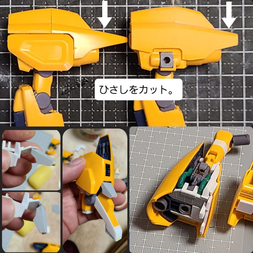 カットしたひさしをベースにして、足の甲のカバーを作成。「関節技」を仕込んで上下にスイングするようにしました。そしてプラ板で脚部の隙間カバーを作成しました。