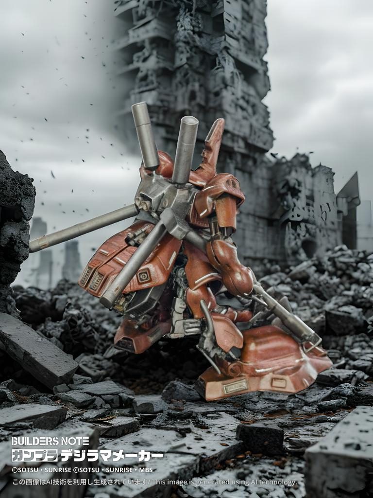 コロニー内の侵攻というイメージで市街地のデジラマでまとめてみました(『Gの伝説』で描かれていた小林さんのマンガのイメージにも近いかなと思い) ちなみに何故ジ・オに仕上げたかというとその当時入手しやすかったキット(HGUCジオングとサザビー)を使用して、入手しにくいMSを作ろう(パーフェクトジオングとジ・オ)というマイテーマでもありました(zaku-kao4)