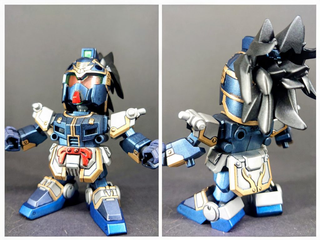 オロチレオナみたいな軽装形態と以下カラーレシピ本体青…GXメタルダークブルー足先、武器青…タミヤメタリックブルーゴールド…クレオススーパーリッチゴールドシルバー…クレオスシルバーブラック…タミヤメタリックブラックレッド…ガンダムマーカーロイヤルメタレッドグレー…ガンダムマーカーメカグレーグリーン…ガンダムマーカーメタリックイエローグリーン下地…フィニッシングサーフェイサー1500ブラック中仕上げ…Mr.水性プレミアムトップコート光沢仕上げ…水性プレミアムトップコート UVカットスムースクリアー つや消し以上でエアブラシ、スプレー、筆塗り、マーカー塗装してます。今回はメインのブルーをどれで行くかを非常に悩みました。元々のブルーディスティニーって水色に近い青とダークブルーですが、メインをダークブルーにして落ち着きのある青で塗装したので、これはこれでアリだったと思ってます。