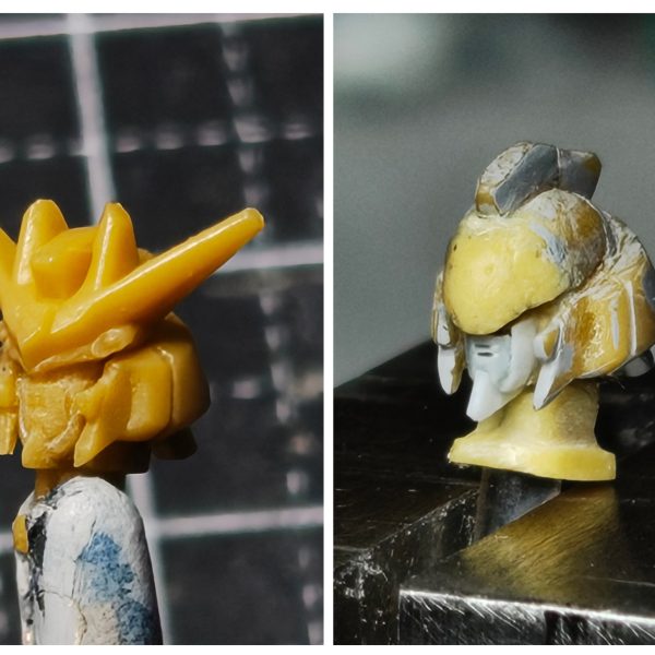 ガンダムアーティファクト第1弾のhi-νガンダムの7度目の改修しますｗ【頭部】①アンテナブレードの作り替えと額のバランスのため、アンテナブレードごと額部分をそぎ落とし、エポパテ盛る。フェイス部分もそぎ落とし、プラ板で3パーツで作る。真ん中部分、その両サイド、口の構成。②頬の部分をそぎ落とし、プラ板でディテール追加したものに置き換え。③頬横のダクト部分をそぎ落とし、プラ板で箱状にし、置き換え。④アンテナブレードの制作。1.2㎜のプラ板をＶ字に切り出し、持ち手兼アンテナブレードの中心ディテールになるプラ板で接着。ひたすらヤスリで尖がらせる。最後に持ち手を中心ディテール分を残しカットし、ダイヤモンド状に削りだす。トサカもボリュームとセンサー部分のディテールを追加できるようにプラ板を左右、上面に張り付ける。小さいアンテナブレードは最後の方で制作しくっ付けます。今作ると折れるのでｗいい感じに出来てるかな～（2枚目）
