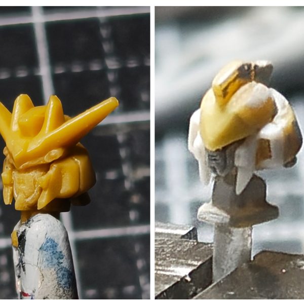 ガンダムアーティファクト第1弾のhi-νガンダムの7度目の改修しますｗ【頭部】①アンテナブレードの作り替えと額のバランスのため、アンテナブレードごと額部分をそぎ落とし、エポパテ盛る。フェイス部分もそぎ落とし、プラ板で3パーツで作る。真ん中部分、その両サイド、口の構成。②頬の部分をそぎ落とし、プラ板でディテール追加したものに置き換え。③頬横のダクト部分をそぎ落とし、プラ板で箱状にし、置き換え。④アンテナブレードの制作。1.2㎜のプラ板をＶ字に切り出し、持ち手兼アンテナブレードの中心ディテールになるプラ板で接着。ひたすらヤスリで尖がらせる。最後に持ち手を中心ディテール分を残しカットし、ダイヤモンド状に削りだす。トサカもボリュームとセンサー部分のディテールを追加できるようにプラ板を左右、上面に張り付ける。小さいアンテナブレードは最後の方で制作しくっ付けます。今作ると折れるのでｗいい感じに出来てるかな～（4枚目）