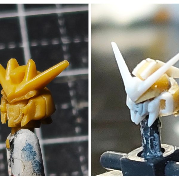 ガンダムアーティファクト第1弾のhi-νガンダムの7度目の改修しますｗ【頭部】①アンテナブレードの作り替えと額のバランスのため、アンテナブレードごと額部分をそぎ落とし、エポパテ盛る。フェイス部分もそぎ落とし、プラ板で3パーツで作る。真ん中部分、その両サイド、口の構成。②頬の部分をそぎ落とし、プラ板でディテール追加したものに置き換え。③頬横のダクト部分をそぎ落とし、プラ板で箱状にし、置き換え。④アンテナブレードの制作。1.2㎜のプラ板をＶ字に切り出し、持ち手兼アンテナブレードの中心ディテールになるプラ板で接着。ひたすらヤスリで尖がらせる。最後に持ち手を中心ディテール分を残しカットし、ダイヤモンド状に削りだす。トサカもボリュームとセンサー部分のディテールを追加できるようにプラ板を左右、上面に張り付ける。小さいアンテナブレードは最後の方で制作しくっ付けます。今作ると折れるのでｗいい感じに出来てるかな～（6枚目）