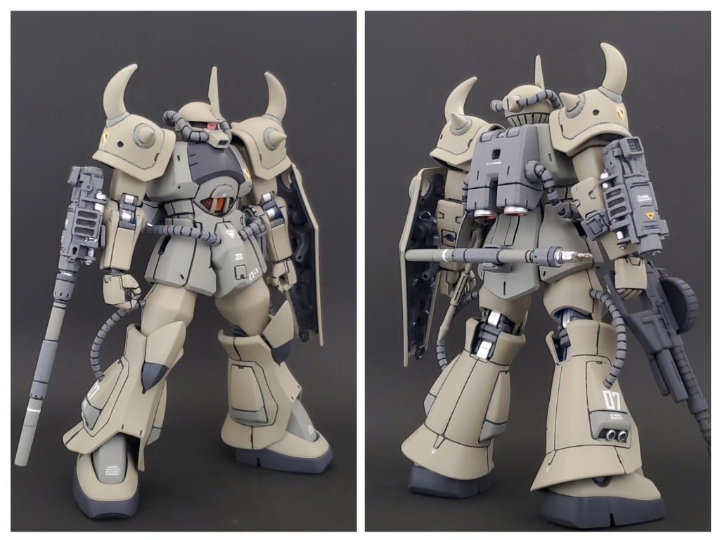 08小隊では存在感を放ちつつもMSでの姿が全く描写されていないケラーネ将軍😎✨でもMS操縦技術は相当高かったのでは？と想像出来るので、オデッサを舞台にした妄想と共にグフ・スタンダードカスタム A2グフを制作いたしました～😊🎵リヴァイブ版グフには通常の左手マニピュレーターがR35からの流れで付属しているので、これを使いA型タイプのグフを模索しました。でもA型にするだけでは物足りないので、コクピット形状と脚部動力パイプを加えプロタイプ寄りに改修しました😆✨またご覧の通り武装も１つ目玉が欲しかったので、マゼラ・トップ砲を利用した175㎜無反動ランチャーを妄想制作🎵どこぞのアニメのパワーランチャーのイメージで右腕側面に装備出来るようにしました🤭✨