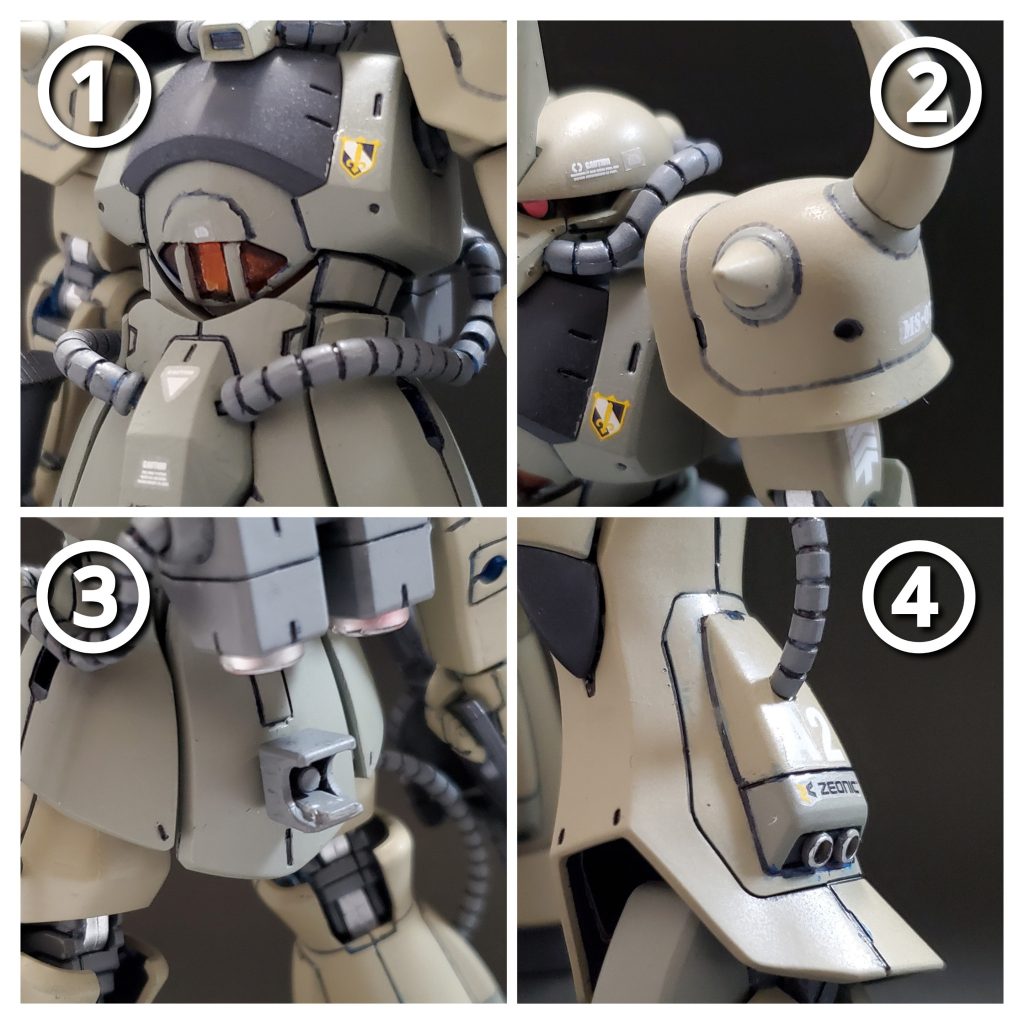 ここからは改修ポイント解説～🤩🎵①制作の上でまず最初に着手したのがコクピット形状改修。技量不足で綺麗には仕上げらず、なんとなく雰囲気だけの感じになりました🤣💦温存しているグフ・フライトタイプから上半身だけ持ってくる？🤔なども考えましたが、さすがに勿体ないので、それはやめました🤭✨②肩アーマー本体部はグフ・フライトタイプの余剰パーツのグフカスのものを使用しました👍️そのままではすんなり付けられなかったので、内側は少々削り加工してます。③腰裏にはランチャーの砲身をマウント可能にするためのパーツを用意🎵これはザクの足首関節のもので、砲身が丁度フィットしたので採用～🙌④足の動力パイプは可動に耐えられるよう樹脂製？のものが良いと判断し、自由自在によく曲がるヒートロッドをぶった切って使いました～🤭✨また脚部外側スラスター口にはバーニアノズルを着けて強化感を強調です👍️