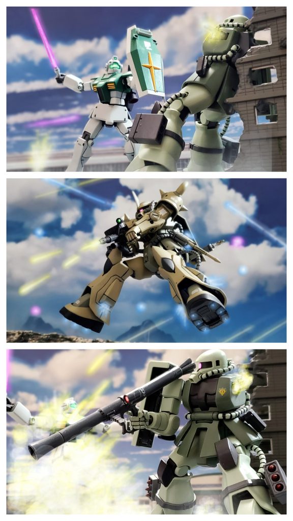 その頃オデッサ鉱山基地の北に位置するNポイントは、北欧より進攻してきた連邦MS部隊と交戦していた。すでにポイントのゲートエリアは突破され戦場はミサイル基地直前に迫っていた‼️基地の守備に着いていたボーン・アプスト大尉も部隊を指揮しつつ自らもザクIIに乗り前線の真っ只中にいた。一歩も通さぬ気迫で奮戦するアブスト隊であったが、ヨーロッパ戦線で名高い連邦MS大隊に苦戦を強いられ、アブスト大尉のザクIIも連邦のジムにトドメを刺されようとしていた‼️その時、ミサイル基地上空に増援部隊が到着❕それはケラーネ将軍率いるホワイト中隊であった。ドダイから飛び降り戦場に次々に降下するMS部隊。『アブスト❗無事かー‼️』通信機で呼び掛けながらケラーネ将軍は、アブスト大尉のザクIIに襲いかかるジムに対し上空よりマシンガン弾を浴びせる👊✨A2グフの放った無数の弾丸で、ザクIIの眼前のジムは爆散するのであった💥