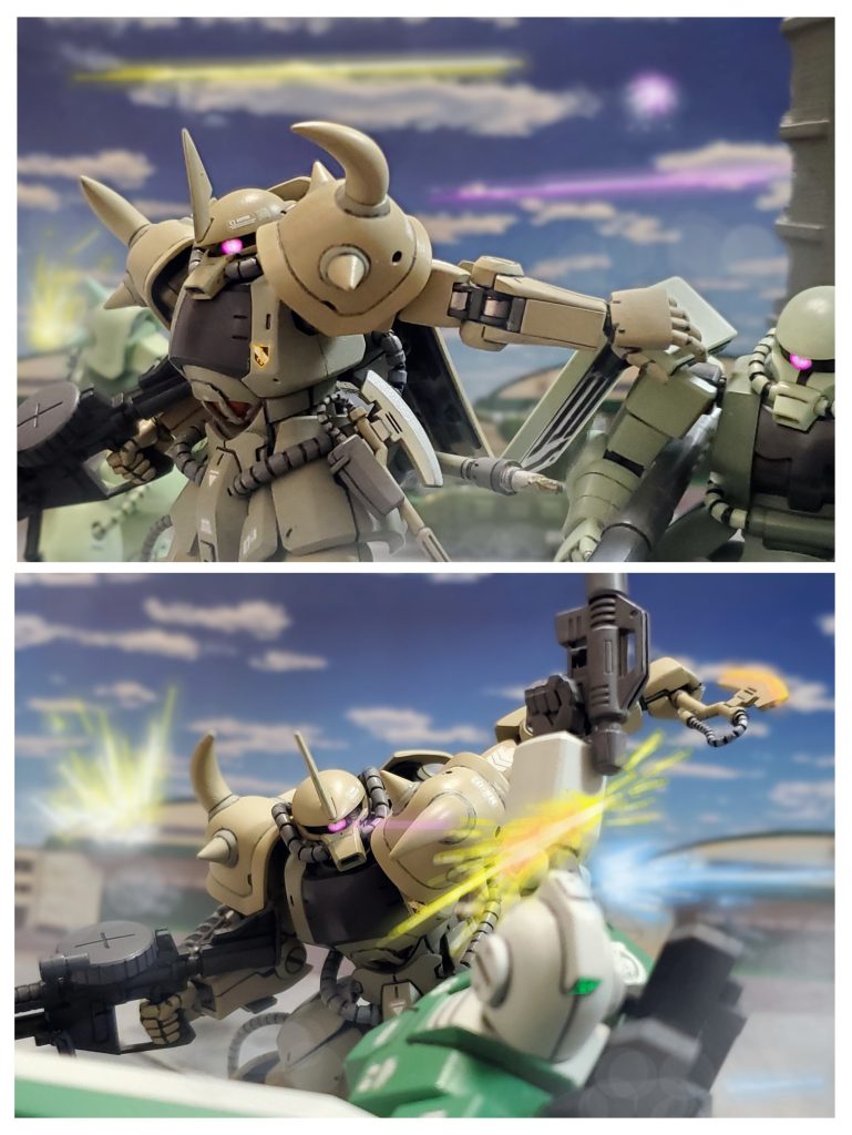 九死に一生を得たアブスト大尉は増援に安堵する。防衛部隊のMSはどの機体も損傷しており、すでに満足な機体は１機としてなかった…。『将軍。助かりました…。』『よく死守してくれたなアブスト…。シンシアが脱出の準備をしている❗ここはオレたちに任せて、お前たちはドダイに乗りエアポートへ向かえ❗』１人でも多くの兵士を逃がすため、最前線に立つケラーネ将軍‼️傷ついた部下たちは、その姿に涙を流しながら戦線を離脱していく…。ケラーネ将軍は率いるホワイト中隊に指示を下しながら敵部隊に立ち塞がり、向かってくるジムを次々になぎ払っていく。『いいかお前ら❗脱出までの時間が稼げればいいんだ❗無茶な戦い方はするなよ。』