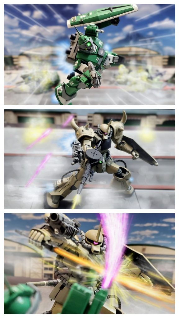ミサイル基地へあと一歩のところで連邦MS部隊の勢いを止めたケラーネ将軍の増援部隊。これで十分に時間が稼げると一呼吸入れたその時、防衛部隊を１機のMSが突破してきた‼️外観も通常のジムとは異なり、その動きから連邦のエースだとケラーネ将軍は瞬時に察する。連射性能の高いビームガンがA2グフを襲うがサイドステップでこれを回避。すぐさまマシンガンで応戦するが、これまでのジムと違い一筋縄ではいかない相手。こいつだけは自分が止めねば❗とケラーネ将軍はエースとの対決に挑む👊✨射撃武器の残弾が無くなった両者は近接戦闘へ突入。互いのサーベルが激突し幾度も激しいビーム音が鳴り響く‼️