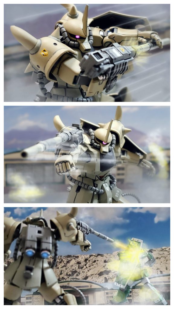 A2グフはヒートサーベルを投げつけた瞬間、腰裏にマウントされていた砲身を瞬時に右腕ランチャーに接続。砲口をジムの方向に素早く向ける。そしてケラーネ将軍はロックオン機能を使わず砲口を向けた瞬間に175㎜ランチャーを乱射する💥近距離ゆえ補足していなくても外れはしない。撃ち込まれた弾頭は次々にジムに命中‼️一瞬にしてジムは爆風に包まれるのであった…💥