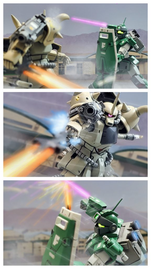 致命傷を紙一重で避ける技量を見せ、激しい攻防戦を繰り広げる両者。一瞬の隙が命取りになる戦いでケラーネ将軍の呼吸も荒くなり始める…。相当な場数を踏んだのであろう連邦軍パイロット。このままでは押し負ける…。そう感じたケラーネ将軍は流れを変える一手に踏み切る❕意を決意して再び左右に機動し相手を揺さぶり始めるA2グフ。そして近接戦闘の最中に、なんと手持ちのサーベルをジムに投げつけたのである‼️まさかの投擲攻撃❕迫るヒートサーベルに足を止め瞬時になぎ払う連邦のエース。だがこの一瞬の攻防によりジムの動きが止まったのである‼️