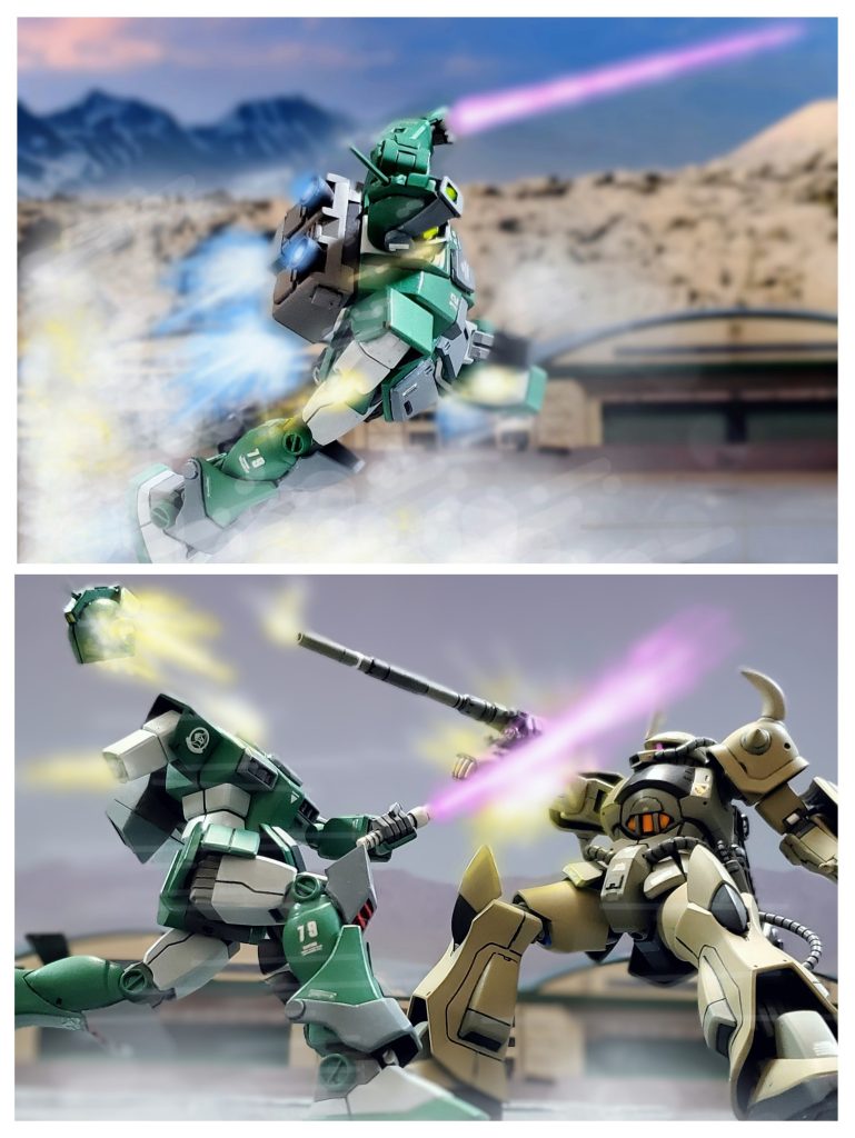 強敵との決着が着き、相手はもはや動けまいと安堵しかけたその時‼️満身創痍と化したジムが爆風の中から飛び出してきた。そのジムは残されたビームサーベルを抜き最後の力を振り絞るように最速でA2グフに襲いかかる❗『チッ⁉️まだ動くけるのか❕』予想外の展開に急ぎ砲身をジムに向け、残された最後の一発を放つケラーネ将軍。だがジムはその弾頭を回避せず突進‼️放たれたランチャーの弾頭は頭部を吹き飛ばすがジムを止める事は出来ない。しかしジムの振りかざす渾身一撃は本体には届かずグフの右腕を切り落とすのみであった…。