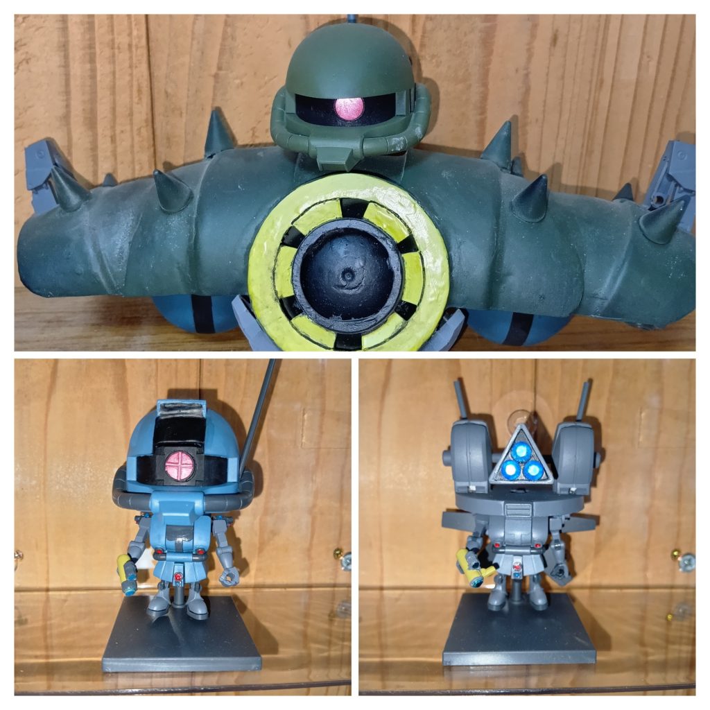 強行偵察型のザクレコくんやザクフリくん。はじめはザクフリくんの顔を変更して写真だけ取るつもりが、やっぱり2期分作ってしまいました。そして、最後は塩ビパイプをつかって顔以外スクラッチのアプサラくんⅢ。これは本当に難しかった💦なにせ、塩ビ用の接着剤が使い勝手が分からず大苦戦しました💦