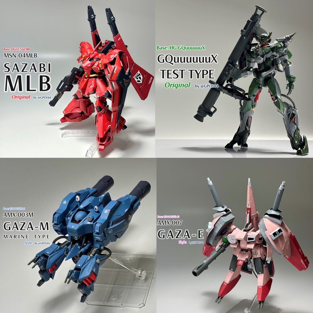 2025年1月4機製作。サザビーMLB(オリジナル機)ジークアクス試作実験機(オリジナル機)ガザM 風ガザE 風ジークアクスは、発売日に購入、そのまま劇場初日上映を観ていろいろビックリして、帰ってくるなり製作、塗装しました。あの、シャアザクが登場したシーンは一生忘れられないでしょうね。