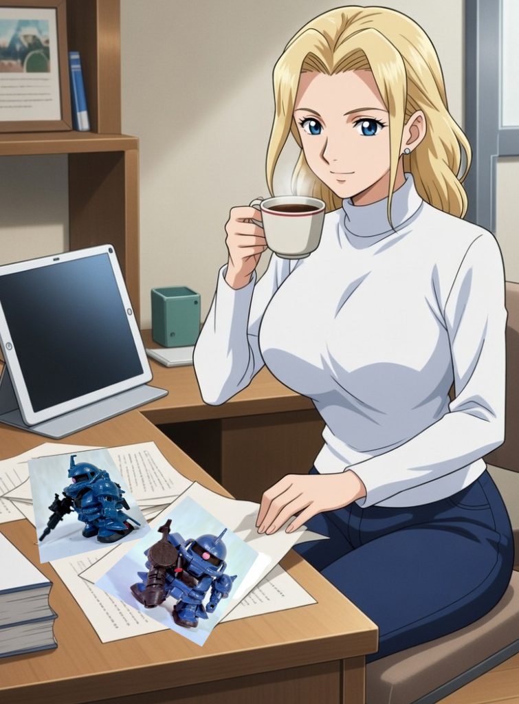 以下ルポライターのジェシカ・ドーウェン（画像の女性）の手記より。私の盟友カイ・シデンが書いた「あぶないガンダムインタビューズー核心－」はなかなか読みごたえがあって面白かった。あの伝説の二人がいかにしてこの世界にやってきてガンダムのパイロットとなった経緯とあの赤い彗星シャアとの邂逅から和解までの過程がわかりやすくまとめられていて興味深かった。あの時の私はジオニック社出身でグラナダ攻略戦の前に月からサイド6のパルダ・ベイに転勤していたから二人の活躍を間近で見る事は終ぞ無かったが。最近はゼクノヴァに関するオカルティックな情報と半ば都市伝説扱いされている『蒼い死神』と呼ばれる機体の情報を収集する事で忙しい日々を過ごしている。とりわけ私の興味を引くのは『蒼い死神』だ。集めた資料によればブルーディスティニーやイフリート改と呼ばれるモビルスーツがそれに該当する。しかし昨日某所から頂いた資料には「蒼いザク」の活動記録がまとめられたデータが紛れていた。