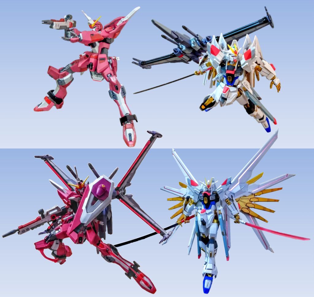 少しポージングです。装甲裏の裏打ちパーツについてですが、正面からは見えにくいフロントアーマー、サイドアーマーは放置するにしても、見えやすいリアアーマーは、手を加えたほうが良い場合が多いと感じます。ちょっとしたことですが、ポージングの際に、装甲裏がチラッと見えるので、そこに裏打ちがあると、完成度が高まると考えます。詳細については、こちらの投稿で、ご説明しております。https://gumpla.jp/hg/2388511&nbsp;隣のマイフリについては、インジャ弐式より、手を加えています。詳細は、こちらの投稿になります。見ていただけると嬉しいです。https://gumpla.jp/hg/25141781