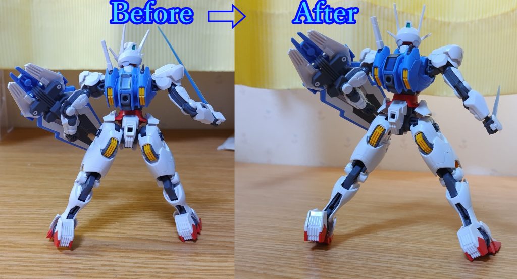 脚の取付箇所の位置が下にして、脚長になっているのが分かると思います。説明書通りに装着すると、短足で幼児体型になるので違和感がありましたが、これで自然になったと思います。