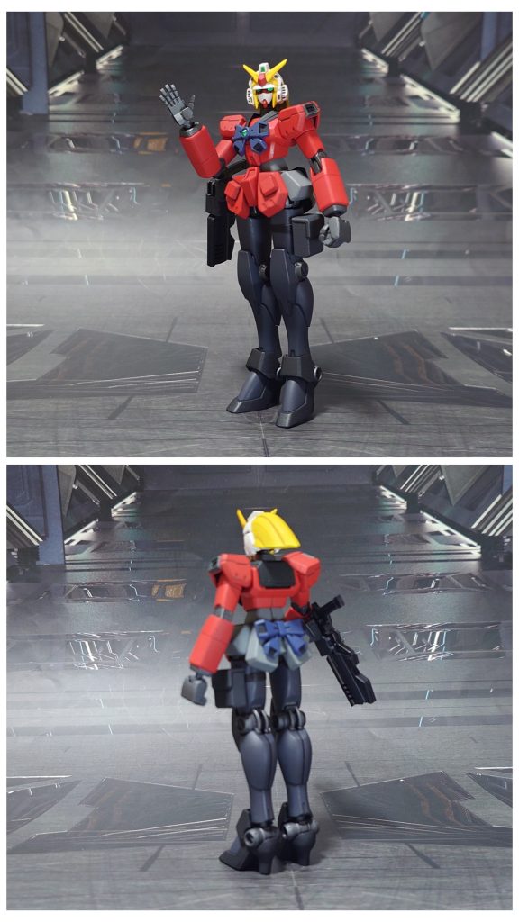 ノーベルガンダムリコイルの前後ろ。工作は、ゲート痕処理、エッジ尖らせ、パーティングライン・段ズレ・ヒケの対処、面出し、肉抜き穴埋め、市販パーツ貼り付け・埋め込みによるディティールアップ、真鍮線埋め込みによる可動軸の補強を実施。頭部の髪状パーツ(冷却フィン)は可動範囲を取るため短く加工。