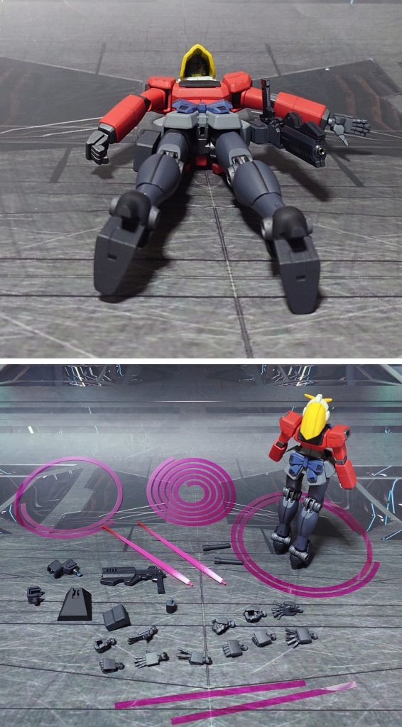 下からのアングルと、付属品一式。手首はビルドハンズ角指のSサイズを追加、ノーベルガンダム付属分と併せ、手の甲のディティールをパテで埋めてデザイン統一。ハンドガンとホルスターは境界戦機から流用。ホルスターは右腰サイドアーマーに穴開け、ポリキャップを埋め込み、回転可動可能にして拳銃を取りやすくしました。併せて、HGBFジムスナイパーk9の腰サイドアーマーから流用したポーチも追加。左太腿の外側に穴を開け、こちらはポリキャップ無しの差し込みのみで取り付けました。最後に、バーサーカーモードに倣ってビームサーベル刃エフェクトも2本、追加しました。■塗装レシピ白：白サフ→ベースホワイト→光沢→つや消し黄：白サフ→イエロー→光沢→つや消し赤：グレーサフ→MSレッド→光沢→つや消しグレー：黒サフ→ニュートラルグレー→光沢→つや消し濃グレー：黒サフ→ファントムグレー→光沢→つや消し青：黒サフ→アマゾンブルー→光沢→つや消し黒：黒サフ→メタリックブラック→つや消し関節類グレー：黒サフ→ブライトガンメタル→つや消しABS製パーツ：マルチプライマー→黒サフ→ブライトガンメタル→つや消しハンドガンホルスター：黒サフ→MSグレー連邦系→つや消しハンドガン：黒サフ→MSグレー連邦系→光沢ツインアイ：キット付属シールを使用胸部リボン部センサー：市販のレンズ型パーツを使用ビームサーベル刃エフェクト：先端側にメタリックレッド→根元側にベースホワイト→光沢展示ベースジョイント、ビームリボン重り：黒サフ→光沢→つや消しその他部分塗装、墨入れ：ガンダムマーカー各種→つや消し