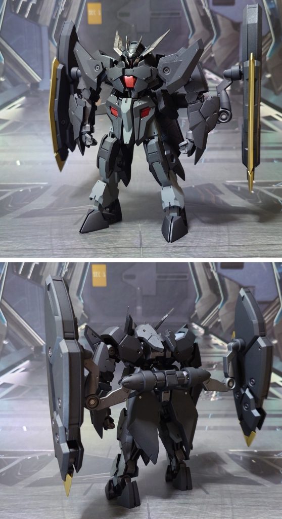 ガンダム・ザガンの前後ろ。工作は、ゲート痕処理、パーティングライン・段ズレ・ヒケの対処、面出し、エッジ尖らせ、ディティールの穴開け、市販パーツ貼り付け・埋め込みによるディティールアップ、可動軸への真鍮線埋め込みによる補強を実施。