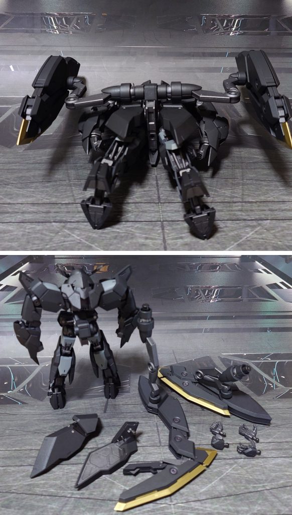 下からのアングルと付属品一式。■塗装工程黒：黒サフ→メタリックブラック→つや消しグレー：黒サフ→呉海軍工廠グレイ→光沢→つや消し銀：黒サフ→シャインシルバー→光沢金：黒サフ→メッキ調ゴールド→光沢赤：黒サフ→メタリックレッド→光沢ガンダム・フレームグレー：黒サフ→ガンメタル→つや消しポリキャップ：PPプライマー→ガンメタル→つや消しツインアイ：黒サフ→キット付属シール貼付け→光沢その他部分塗装、墨入れ：ガンダムマーカー各種→つや消し