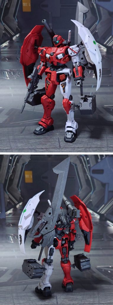 軽キャノン“レッドナイト”フル装備で前後ろ。工作は、ゲート痕処理、パーティングライン・段ズレ・ヒケの対処、面出し、合わせ目消し、穴開け、市販ディティールアップパーツの貼り付け・埋め込み、可動軸への真鍮線打ち込みを実施。仕上げにガンプラとは無関係のデカールを“赤の騎士”に見立てて貼り付け、パーソナルマークとしました。