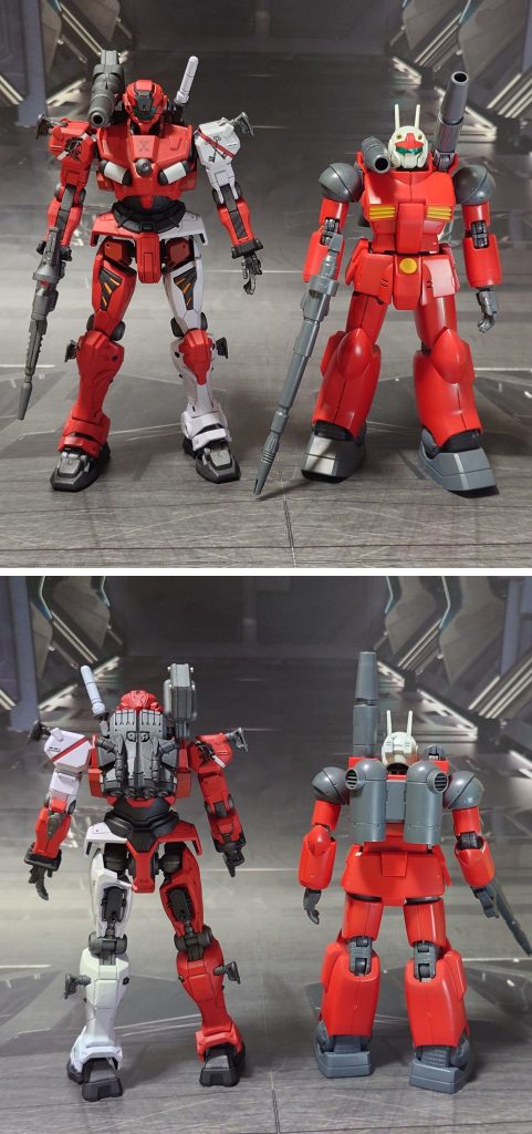 軽キャノンのベース機の平行世界同一存在であるHGUCガンキャノン(REVIVE版)との比較。■塗装レシピ赤:グレーサフ→MSレッド→光沢→つや消し赤茶:グレーサフ→MSレッド→ダルレッド→光沢→つや消し白∶グレーサフ→パープルヘイズ→光沢→つや消し肩シールド白:黒サフ→シャインシルバー→パープルヘイズ→光沢→つや消し黒:黒サフ→メタリックブラック→つや消し金属色グレー①:黒サフ→ブライトガンメタル→つや消し金属色グレー②:黒サフ→ガンメタル→つや消し頭部バイザー:光沢頭部センサー:黒サフ→キット付属シール→光沢センサー類:キット付属シールを使用その他墨入れ・部分塗装:ガンダムマーカー各種