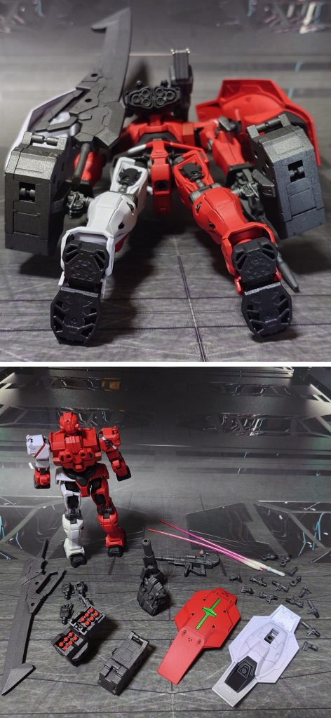 下からのアングルと付属品一式。HG赤いガンダムの武装取り付け軸を用意し、水星の魔女MS拡張パーツセット1からダリルバルデ用肩シールド(ダヤ・アンビカー)、30MMオプションパーツセットの大剣、ミサイルポッドを用意しました。