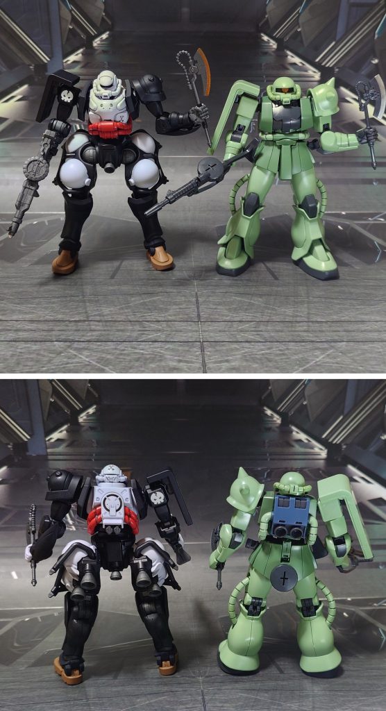 平行世界の同一存在※であるHGUCザクⅡ(REVIVE版)との比較。※GQ版は“Ⅱ”が付かないので、平行世界の同一存在は旧ザクの方なのかも？■塗装レシピ白∶グレーサフ→パープルヘイズ→光沢→つや消し濃青：黒サフ→ダークブルー→光沢→つや消し赤：グレーサフ→MSレッド→光沢→つや消し茶：グレーサフ→ライトブラウン→つや消し関節類グレー：黒サフ→ブライトガンメタル→つや消し武器類グレー：黒サフ→ガンメタル→つや消し頭部モノアイ、バズーカセンサー：市販のシール素材と市販のレンズ型パーツを使用→光沢モノアイレール、ヒートホークグリップ：黒サフ上腕フレーム：黒サフ→つや消しその他墨入れ・部分塗装：ガンダムマーカー各種