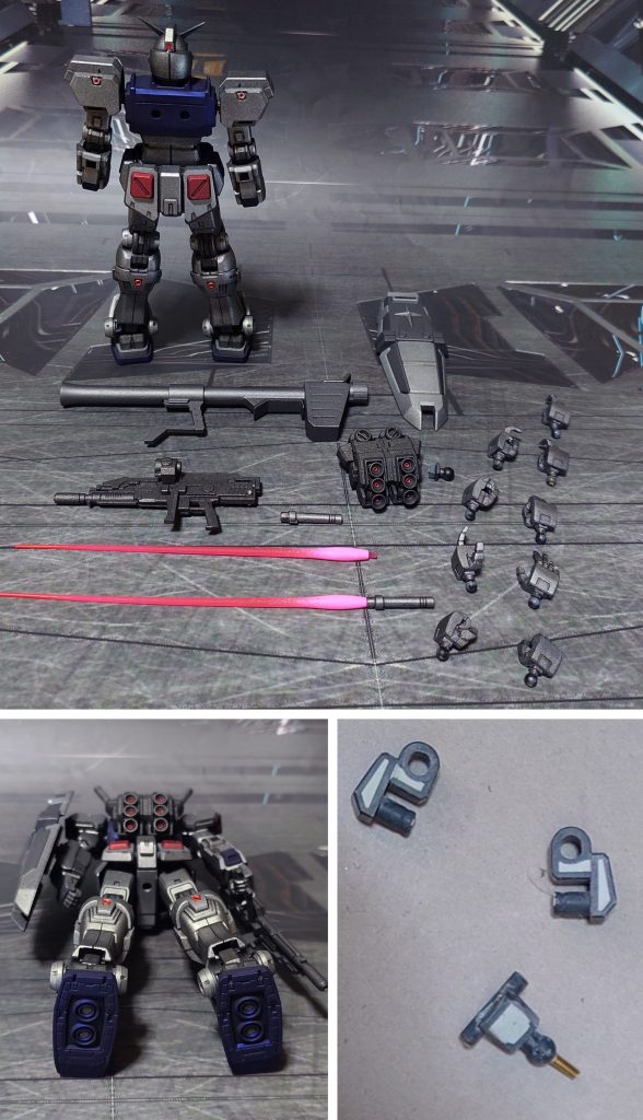 付属品一式、下からのアングル、肉抜き穴埋めの様子。肉抜き穴埋めは首関節裏、足首関節に実施。合わせ目消しは後述のバズーカに実施。手首はHGUC連邦・ジム系のものに交換。追加装備として、HGUCガンダム(REVIVE版)のバズーカを追加しました。