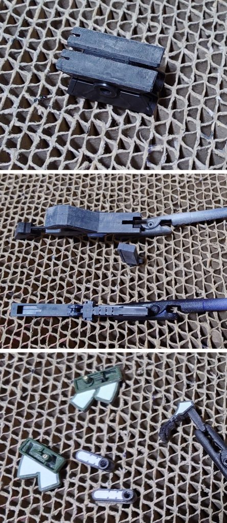 合わせ目消しと肉抜き穴埋めの様子。合わせ目消しはミサイルポッド、ビームカリヴァに実施。肉抜き穴埋めは太腿マガジンラック裏側、バックパックの接続ジョイント、ビームガンに実施。