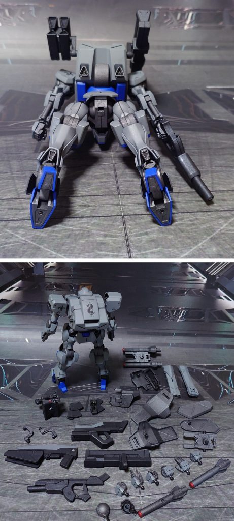 下からのアングルと、付属品一式。ビームサーベル刃はSB-6ランナーのものを追加して長短2パターンの発振可能に。更に、サーベルグリップの柄尻に穴を開けて設定と逆向きに接着固定、前腕マウントから直接サーベル発振するタイプに変更しました。(付属品一式のときは撮り忘れました)以下、追加装備について。バックパックのベクタードスラスターをノーマルのザウォートから流用して追加。水星の魔女オプションセット1から、ガンダムファラクト用の装備(ビームカリヴァ、ラック)を1セット追加。境界戦機ウェポンセットから、追加装甲を追加。30MMから、ミサイル&ミサイルラックを追加。同じく手首を、30MMオプションパーツセットのものに差し替えました。また、専用SFSとしてオリジナルカラーに塗装したティックバランを1機、用意しました。