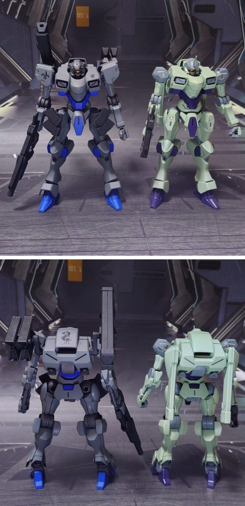 原型機のザウォートとの比較。■塗装レシピ・ザウォートヘヴィグレー：黒サフ→呉海軍工廠グレイ→光沢→つや消し青：黒サフ→キャラクターブルー→光沢→つや消し関節類グレー：黒サフ→ブライトガンメタル→つや消し黒：黒サフ→メタリックブラック→つや消しビームサーベル刃：根元にベースホワイト→先端側にメタリックレッド→全体に蛍光ピンク頭部バイザー：光沢その他墨入れ・部分塗装：ガンダムマーカー各種・ビームカリヴァ、肩ミサイル、追加装甲グレー：黒サフ→ブライトガンメタル→つや消し黒：黒サフ→メタリックブラック→つや消し赤：黒サフ→メタリックレッド→つや消しその他墨入れ・部分塗装：ガンダムマーカー各種