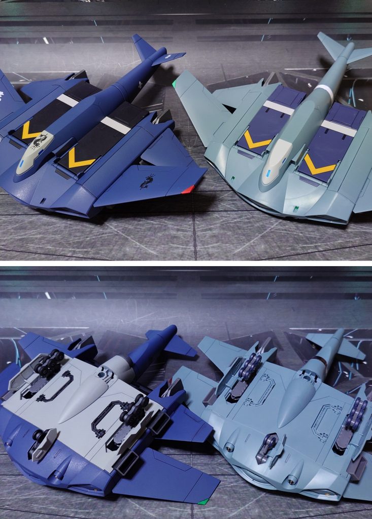 ガンダムマーカー素組みとの比較。■塗装レシピ青：黒サフ→アマゾンブルー→光沢→つや消し濃青：黒サフ→ダークブルー→つや消し黒：黒サフ→メタリックブラック→つや消しグレー：グレーサフ→ロイヤルライトグレイ→光沢→つや消し金属色グレー：黒サフ→ブライトガンメタル→つや消しタイヤ黒：黒サフ→つや消しセンサー、ランプ類：キット付属シール、市販のシール素材を併用その他墨入れ・部分塗装：ガンダムマーカー各種