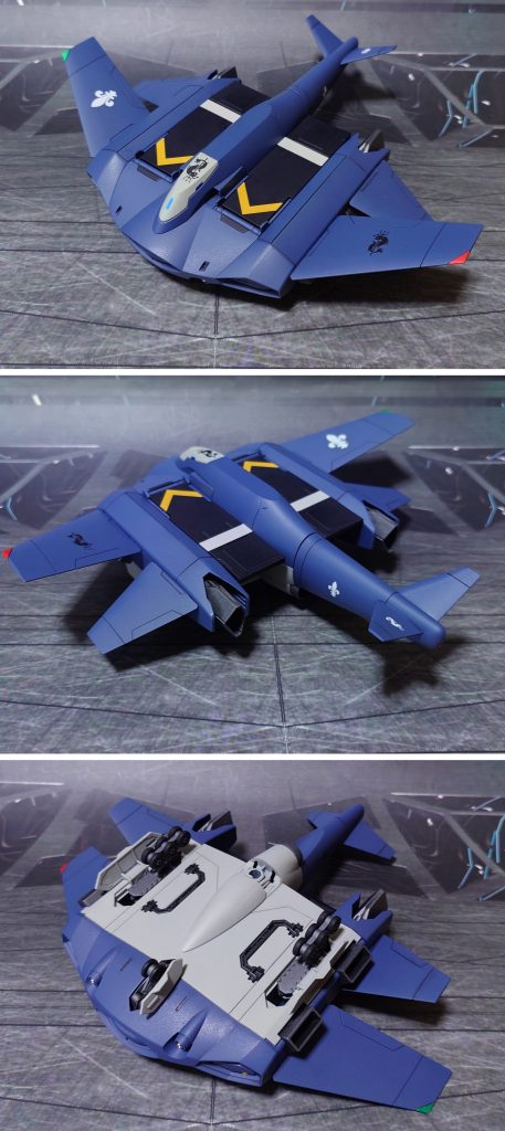 ティックバランの前後ろ、底面。工作は、ゲート処理、パーティングライン・段ズレ・ヒケの対処、市販パーツの貼り付け・埋め込み、真鍮線埋め込みによる可動軸の補強を実施。3つ連なったタイヤを分割してディティールアップ。塗装については、「空飛ぶエイ」をイメージして表裏の色を変えてみました。