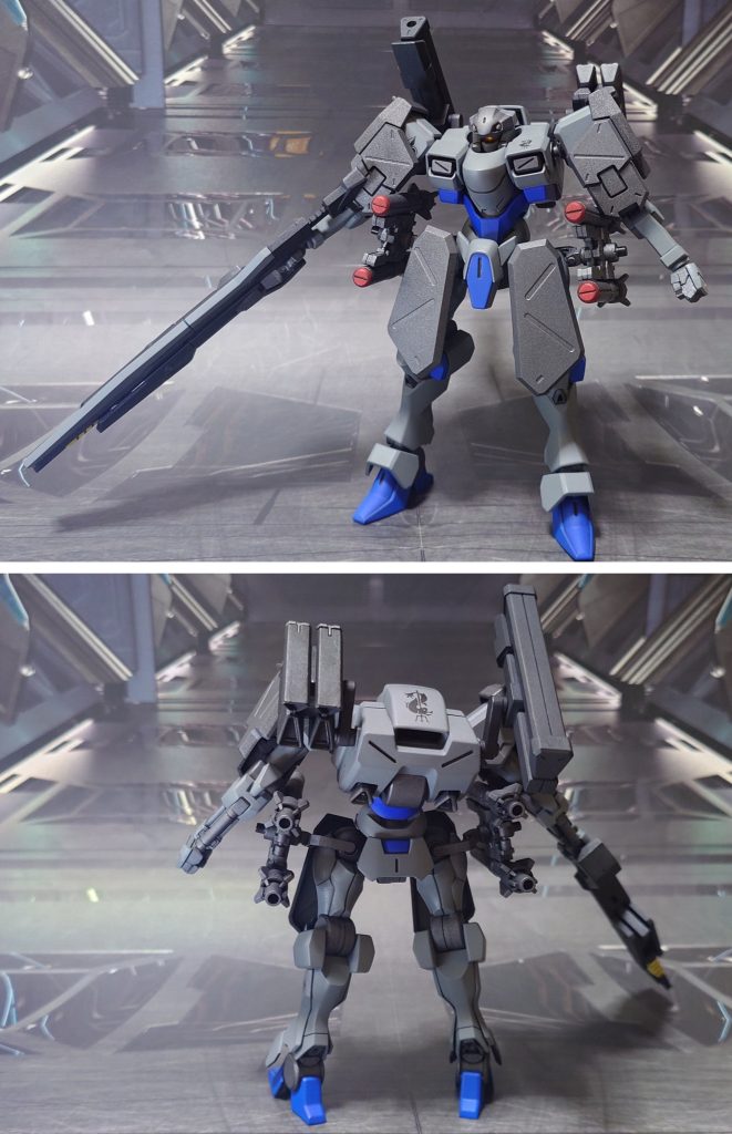 装備パターンを変更してもう一枚。肩アーマーに付けた装甲のサイズがほぼピッタリ、ジャケット風になるのがお気に入り。ミサイルラックが嵩張るので脇が閉じられませんが、早めに撃ってラックを放棄する、またはラックを追加装甲の一部とすれば問題無いかと思います。