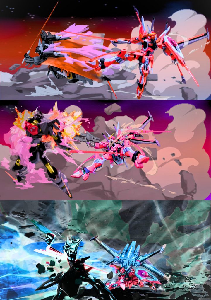 こちらも劇中を正確に再現しておりませんが、インジャらしい、アクロバットな動きを意識しています。上段が、カガリのリモート操縦で、シヴァを躱（かわ）し、中段、その直後、シヴァの背面をレールガンで追撃、シヴァは右腕消失、パックパックも大破しました。下段は、最後の一閃、劇中よりも高出力で、それを青白い閃光で表現、あまりの高出力で、シヴァの上半身が消滅しそうなくらいです。前回投稿のマイフリから表現力の向上が確認できれば、嬉しく思います。&nbsp;最後に、こういったポージング（ブンドド）ですが、、、おそらく、みなさんにおきましても、劇中の戦闘シーンや活躍するシーンをイメージして、ポーズを取らせているのではないかなと、勝手ながら推測しております。ですから、そのポージングしている、そのガンプラ周辺には、劇中イメージをベースに、想像力を駆使した心象世界が広がっています。ガンプラの進化により、こうした想像の世界を、より具体的に表現しやすくなっているとは思いますが、ガンプラをポージングするだけで、そのイメージや、その心象世界そのものを、他者と共有することは難しいと考えます。そうすると、不足部分を何かで補おうとすると思います。たとえば、写真だけでなく、それを説明するテキストを入れる。あるいは、オリジナルのストーリを添える。そのうち、動画での表現とか、音声を入れることが標準化するかもですね。私の場合、可能な限り、自分のイメージの解像度を上げて、視覚的に表現できるように画像処理に力を入れています。もしかすると、ガンプラ作成そのものよりも時間をかけているかもしれません。生成系ＡＩは、たしかに素晴らしいのですが、イメージを具体化するには、まだまだ手作業が必要な印象です。&nbsp;『ガンプラデジラマメーカー』が、リムーバーと生成した背景との合成に限定されているのは、ガンプラの画像と背景を生成するためのプロンプトだけでは、ユーザーの心象世界を特定するための情報量が不足しているからです。では、それを補完すればいいのですが、それはそれで技術的なハードルが高いすぎで、実現できない。それに、完全に一致してしまったら、やることなくなりますし、そこに、何かする余地があるようにも考えます。現実世界でも『Ｔｏ-Ｄｏ リスト（やることリスト）』が推奨されていますが、それ以上に必要なのが、『Ｔｏ-Ｄｏｎ‘ｔ リスト（やらないことリスト）』です。ガンプラデジラマメーカーも、心象世界の具現化なんて出来ないから、現状の出来ることに集中し、リムーバーと生成背景との合成に特化した強力なツールとして、開発されたものと考えます。&nbsp;ガンプラにおける『ブンドド』『ジオラマ』『デジラマ』の表現方法の遷移は、ガンプラそのものの進化、工作技術の普及、そして、テクノロジーの発展が密接に関係しています。初期のガンプラからポリキャップが開発され、間接構造が進化、ポージングの楽しさが、現在に至るまで、洗練されていきました。さらに塗装技術、加工技術の向上とともに、単体で遊ぶだけでなく、劇中シーンを『情景』ごと再現する試みとして『ジオラマ』が本格化します。ガンプラもＭＧ（マスターグレード）がリリースされ、より精密になったガンプラに合わせて、ジオラマもより高度な表現へと進化しました。そして、現代、ガンプラの完成度の向上と、写真技術、デジタル編集、さらにＡＩ技術の普及で、物理的な制約が解かれた無限の表現が可能になりました。それこそ、現実世界なんかより、仮想世界とか、妄想とか、そういうもののほうが美しく感じる。それは、逆説的ですが、人間そのものの汚さを強調しているように思います。&nbsp;話しが脱線しましたが、まとめると、、、ポージングは『体感』『想像』による遊び、ジオラマは『造形』『実体』による空間表現、デジラマは『画像』『ＡＩ、デジタル技術』による視覚表現の極致。今後、ＶＲの技術的発展と普及により、みなさんが作成した、それぞれの作品を電脳空間で見たり、触ったり、動かしたりできるかもしれませんね。しかしながら、みなさんにおけれましても、ＩＰ（知的財産、Intellectual Property、インテレクチャル プロパティ）への愛が強いがゆえに、二次創作や生成ＡＩを厳しい目で見ておられる方もいらっしゃると考えております。ＡＩは素晴らしいテクノロジーですが、全てが出来るわけではありませんし、人間による手作業も重要です。私としては、私なりに、オリジナルの世界観とズレたアウトプットをしないように注意を払っています。これからも、こういった技術が、ガンプラの持つ多角的な価値を最大化し、ガンプラユーザーの裾野を広げるとともに、私たちの持つ技量を底上げし、その感性と想像力を、高解像度で実現していくものと思います。私が実際に行っている画像処理については、こちらの投稿で紹介しております。ＡＩは使っていません。アナログらしい質感に注目していただけると嬉しいです。https://gumpla.jp/rg/25035622&nbsp;では、今年1年、大変お世話になりました。みなさまのお蔭で、とても楽しく過ごせました！&nbsp;来年も、よろしくお願いできればと思っております。では、みなさんも良いお年をお迎えくださいね。