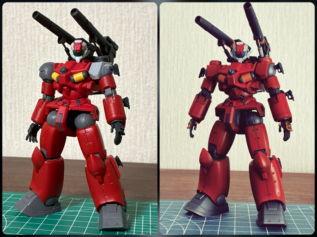 軽キャノンとオリジン版をミキシングして、GQガンキャノンを作成。オリジンガンキャノンは素材用ではなく完成させたいので、切った貼ったは無しにしましたが、肩の形状は違いすぎるので、自作しています😃