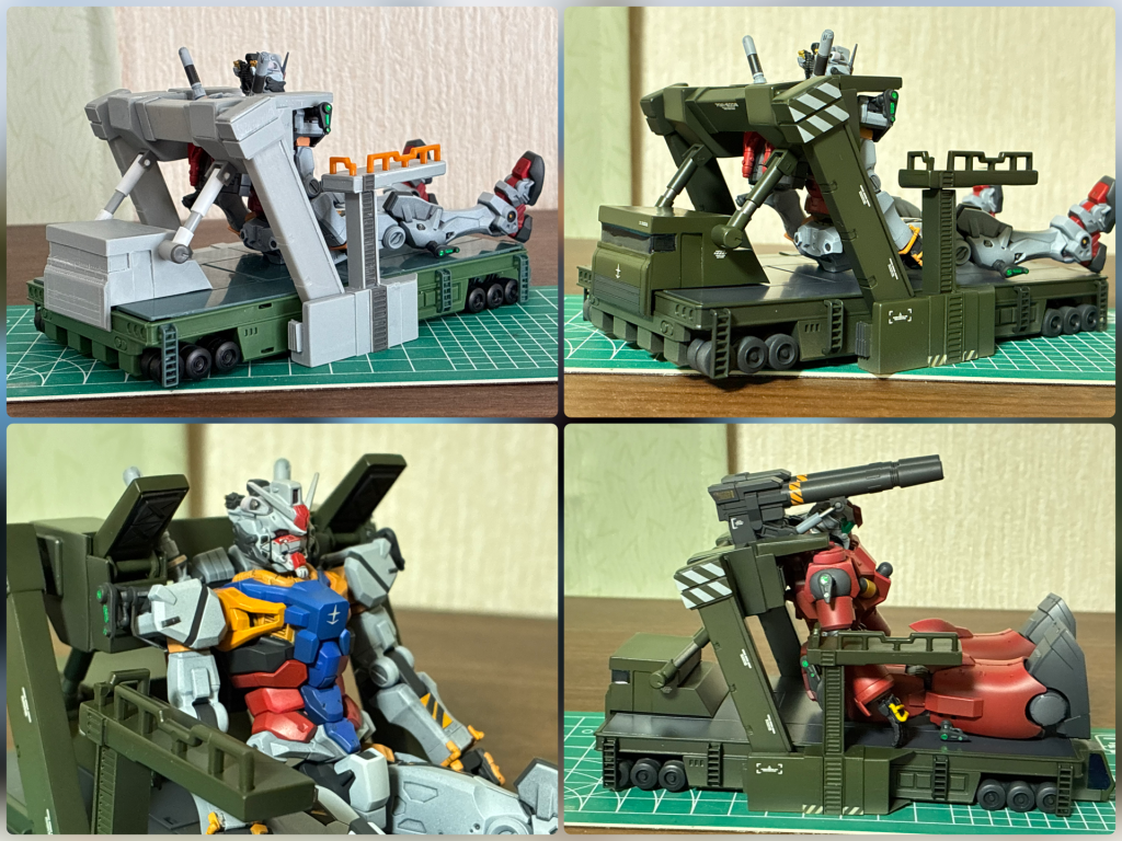 1st版ガンダムトレーラーにプラ板スクラッチのフレームを取り付けて、GQ版トレーラーを再現。フレームを外せば元に戻るので、1st版大地に立つもやりたいですね😁フレームの可動でガンキャノンも運べます。