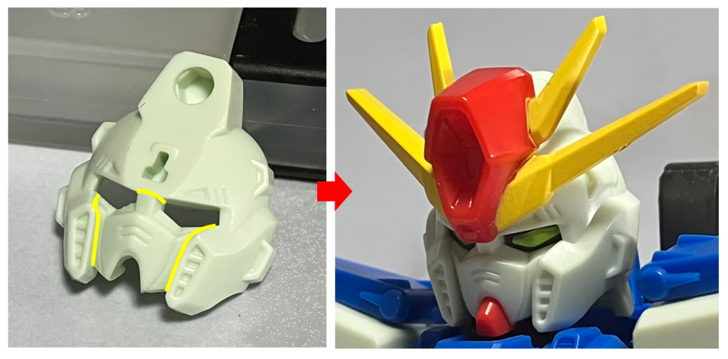 顔がのっぺりしている様に感じたので、写真の黄色線部分をカットし、マスクを少し奥に取り付けています。旧キットの定番改造ですね。