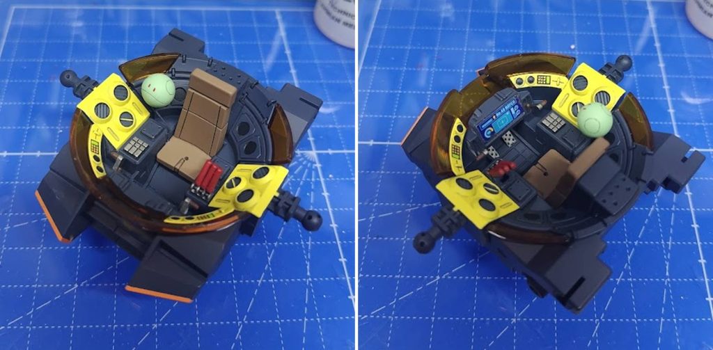 唯一の見せ場?コクピットは塗分けしつつ操作パネルを100均ラベルシールで自作(パネル表示に自己満で上方向48番ハッチと文字入れ)