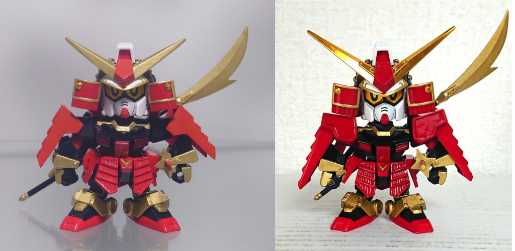 ＜前回手直したver1.25（右側）との比較＞吹き返しを幅詰めしているせいか？鍬形が長過ぎるし、肩当ても大き過ぎるのでココを手直ししました。