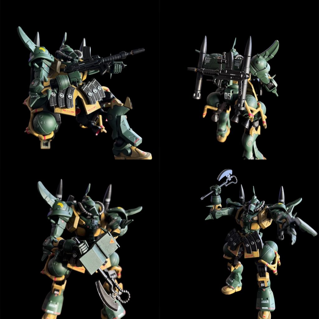 二の腕は5ミリ程度延長(下手すぎ😭)肩、腕、膝に100均のおもちゃでそれらしくトゲトゲに腕はコトブキヤのドリルでトゲトゲに背中は30mm(マシンガンホルダー付)パイプはHIQパーツ2.5mm✖️2マシンガンはHGucザク(HGギラ・ズールのマガジン)腰アーマーは自作(ネオジム磁石でマガジン装着)右腕は30mm？バーニア風に変更顔もまだまだ技術不足ですm(._.)mジオン系のデカールと市販デカールでそれとなく 