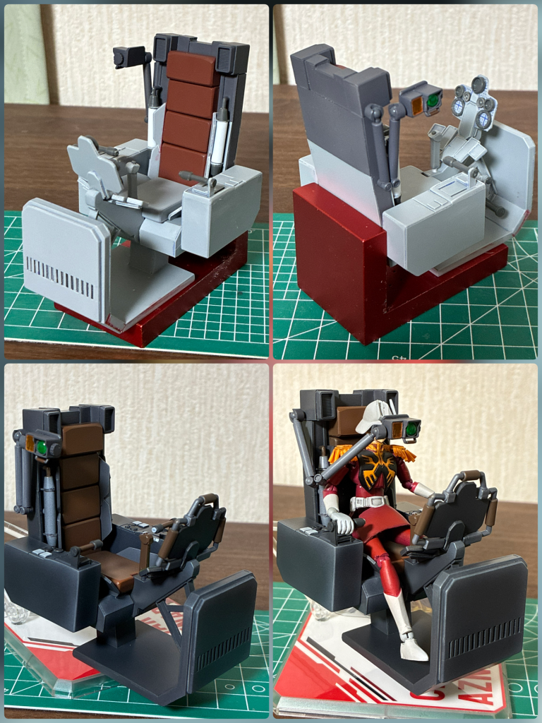 ここしばらくの作品で1番なお気に入り、ガンダムのコクピットはフルスクラッチです😃一度背もたれとスコープだけ使って撮影しているので、中途半端に塗装済みの画像しかありませんでした😅以前作成したフル可動化1/20シャアフィギュアにサイズを合わせています。操縦桿やフットペダルも一応動きますが、なんといってもあのスコープが自慢です😁