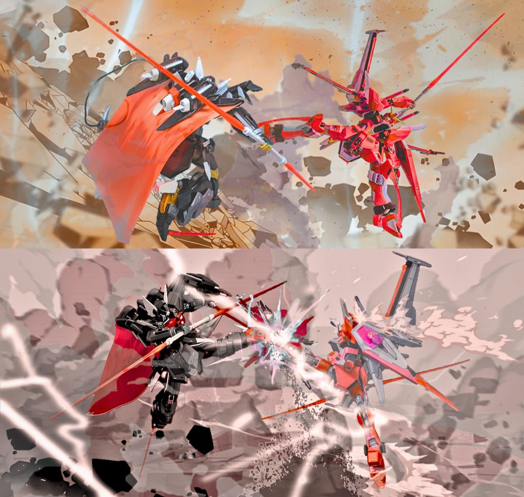 上段、下段ともに、シヴァとの超高速での接近戦闘シーンの一瞬です。とくに下段は、お互いのハイキックを、お互いのハイキックで受け止めている様子です。劇中通りの表現ではありませんが、雰囲気が伝われば、嬉しく思います。