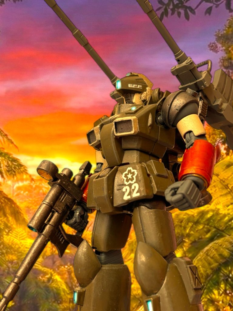 ４代目愛機　RX-77Lガンキャノン対空防御兵装試験型2025年、年末の紅白戦用に作ったガンキャノンです。第３部のガンキャノンを改造したという設定です。ジャブローの守備隊にいた頃、ゼーゴッグなどの空襲に対抗するために改造された高高度への砲撃用装備です。ミヤギが敵と相対して戦えないという体調であることも含め、遠くから撃てるようにした、ということもあります。（なら、ガンタンクでよくね？）EZSRで余っていたパーツをかき集めて作ったのですが、案外ダサかっこよく？なったので気に入っています笑