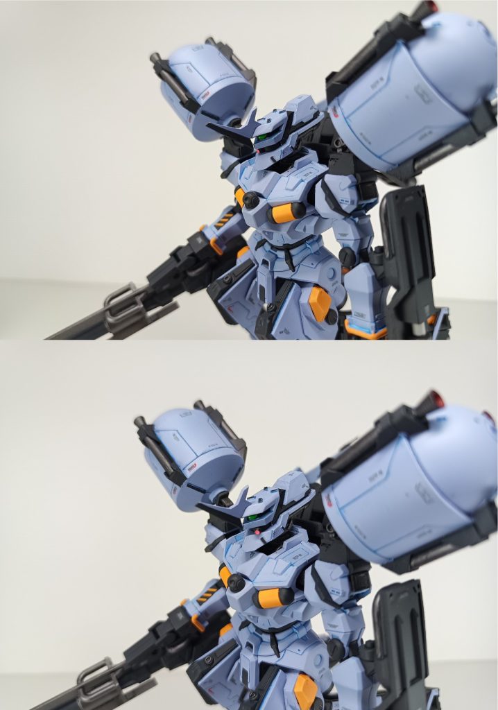 特徴的な頭部と肩周り頭部はGQuuuuuuXに有りそう、且つドラッツェを踏襲して軽キャノンの角張ったデザインを意識してスクラッチ。当初ドラッツェの頭部を持ってくる予定でしたが丸みを帯びた頭部と胴体のチグハグに納得出来ず、どうせやるならモノアイを可動させられる頭部をスクラッチしようという結果となりました。制作会社がエヴァのカラーさんが噛んでいる事もあり、モノアイの上部にツインアイも搭載する事でジークアクス特有のガンダムだけどエヴァっぽさを出しているつもりです。肩のタンクも30MSのパーツとタンク系パーツでミキシング、筋彫りで情報量を追加して丸みと角張りが両立している印象にしています。肩本体の黒いラインのパーツも従来の物と差別化を図る為にプラ板でプチカスタム。