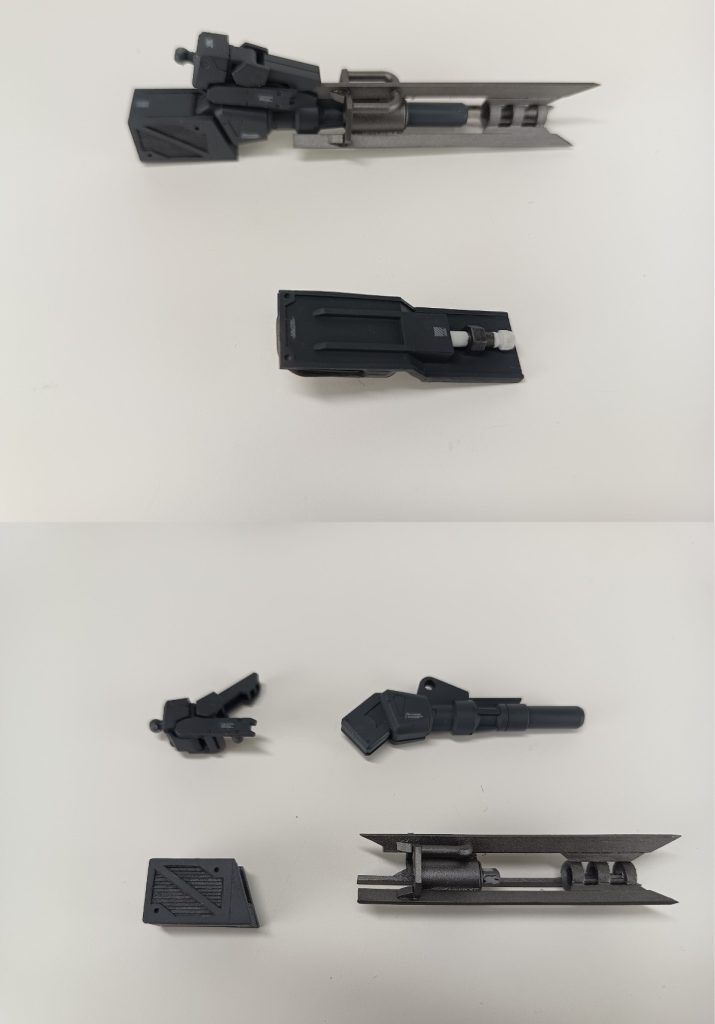 制作中に撮った各種武装基本的にキット本体はイジメずに外部パーツとしてドレスアップを図っています。なのでビームキャノンはパッと見めちゃくちゃ弄ってる様に見えますが、差し替えで元に戻すことが可能です。